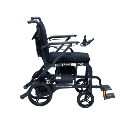 The Monarch Flyer Ultra-Lite Carbon Powerchair features a sleek black frame, armrests, footrests, and right-arm joystick control. View side profile on white background. Find specifications and downloads to explore its advanced features.