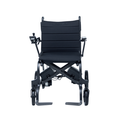 The Monarch Flyer Ultra-Lite Carbon Powerchair is a lightweight, foldable electric wheelchair with a black cushioned seat and backrest, joystick armrest control, four wheels, and shown from the front on a white background. See specs and warranty for details.