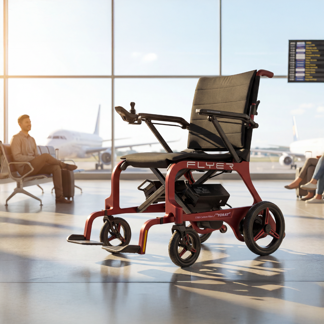 A Monarch Flyer Ultra-Lite Carbon Powerchair in red and black sits empty in a bright airport terminal, with travelers and planes visible through large windows; detailed specifications are available for those interested.