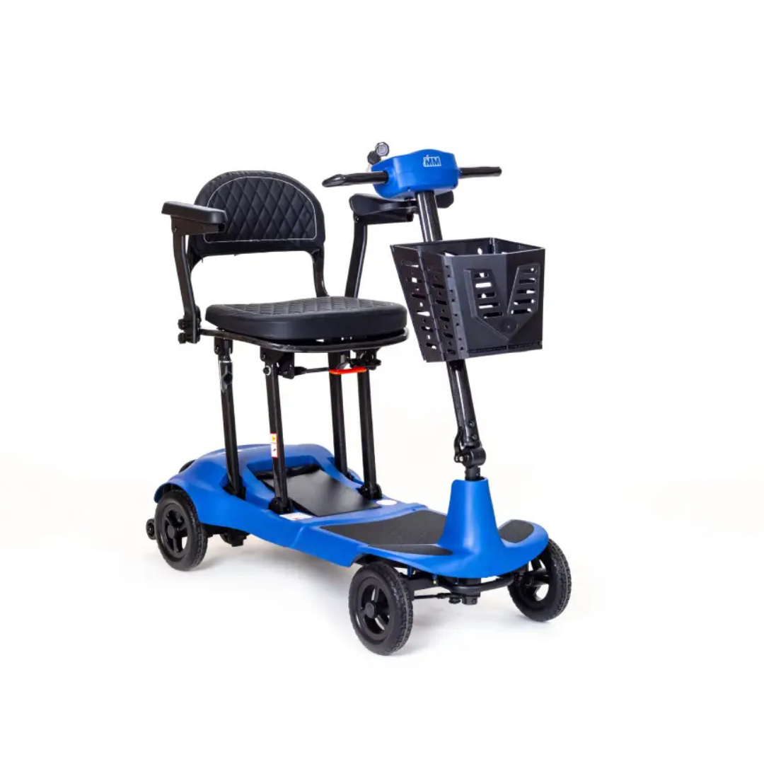 The Monarch Genie Ultralight Portable Mobility Scooter, shown in blue with four wheels, padded seat and backrest, armrests, front basket, and handlebars on a white background—perfect for comfort and independence.
