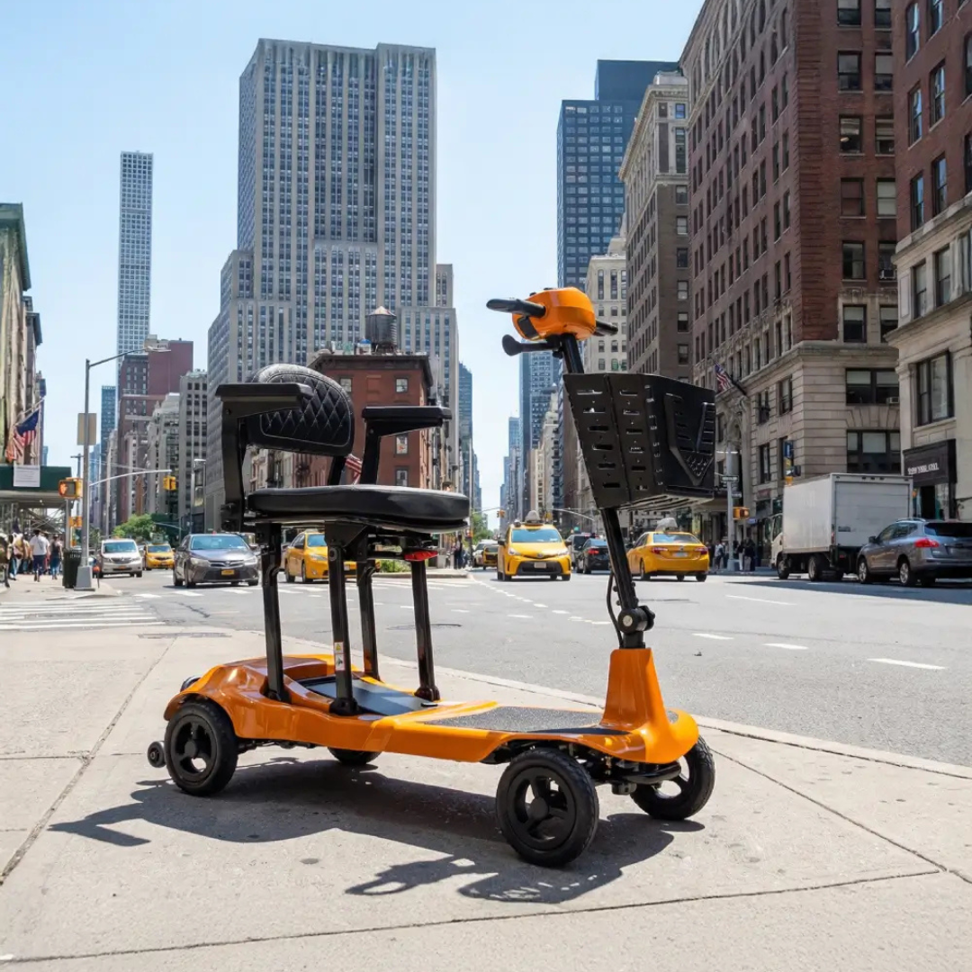 A Monarch Genie Ultralight Portable Mobility Scooter with a black seat and basket is parked on a city sidewalk among tall buildings and yellow taxis, offering accessible urban transportation.