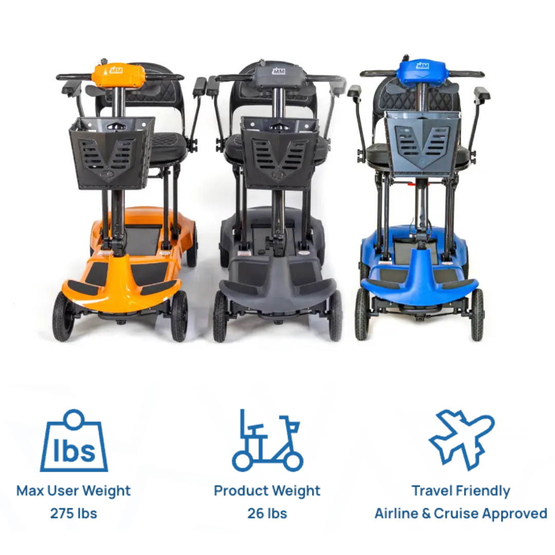 Three Monarch Genie Ultralight Portable Mobility Scooters in orange, black, and blue are side by side. Icons show a 275 lb max user weight, 26 lb product weight, and approval for airline and cruise travel for easy portability.