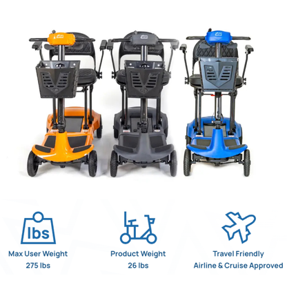 Three Monarch Genie Ultralight Portable Mobility Scooters in orange, black, and blue are side by side. Icons show a 275 lb max user weight, 26 lb product weight, and approval for airline and cruise travel for easy portability.