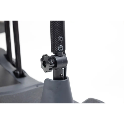 Close-up of an adjustable black knob mechanism attached to a vertical pole and grey base on the Monarch Genie Ultralight Portable Mobility Scooter.