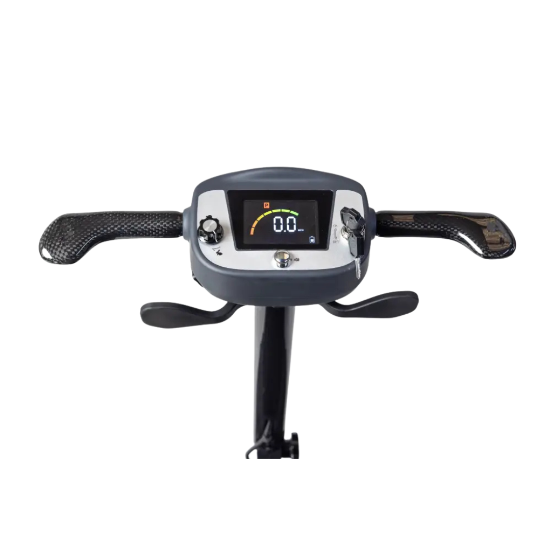 Top view of the Monarch Genie Ultralight Portable Mobility Scooter handlebar with a digital display showing "0.0", control buttons, and hand grips on either side against a white background—ideal for tracking your ride stats in real time.