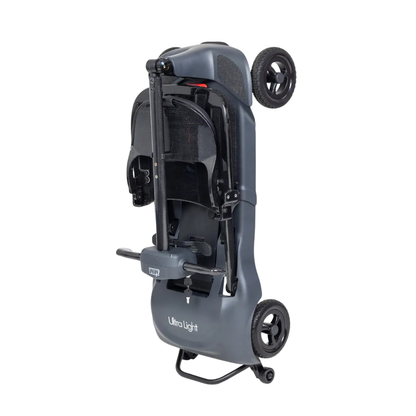 The Monarch Genie Ultralight Portable Mobility Scooter is a compact, foldable, black scooter with four wheels and a handle, perfect for easy storage and travel.