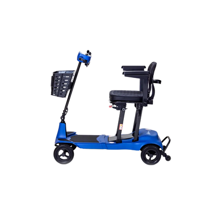 The Monarch Genie Ultralight Portable Mobility Scooter is shown from the side on a white background. This blue three-wheel scooter features a black seat with armrests, ergonomic handlebars, and a front basket.