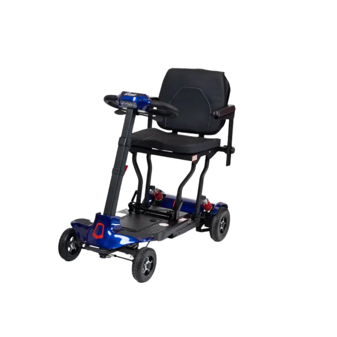 The Monarch Genie Lightweight Portable Scooter, shown in blue with four small wheels, a padded black seat with armrests, handlebars, and a foot platform against a white background, offers enhanced mobility and comfort.
