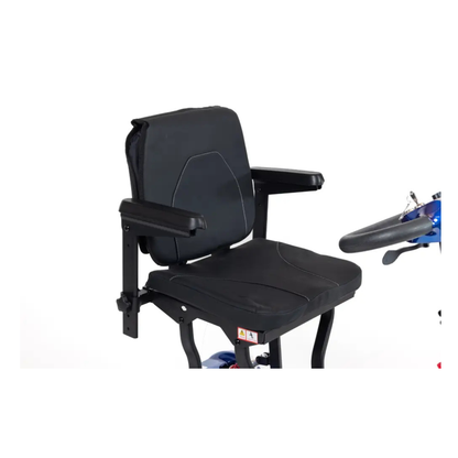 A black padded seat with adjustable armrests and a high backrest from the Monarch Genie Lightweight Portable Scooter is shown against a white background, with the scooter’s handlebars partly visible on the right.