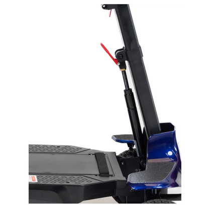 Close-up of the Monarch Genie Lightweight Portable Scooter's base and folding mechanism, featuring a textured footrest, support strut, and handlebar latch—essential details for those seeking key electric scooter SEO keywords.