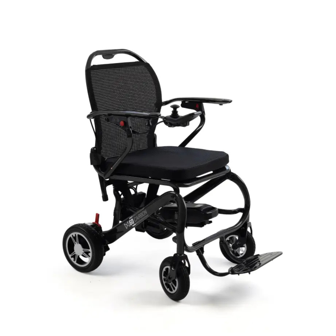 Discover the Monarch MM60 Carbon Ultralite Electric Wheelchair—an ultra-lightweight folding model featuring a stylish black carbon frame, mesh backrest, padded seat, right-arm joystick control, large rear wheels, and a handy footrest for ultimate portability and comfort.