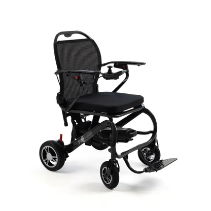 Discover the Monarch MM60 Carbon Ultralite Electric Wheelchair—an ultra-lightweight folding model featuring a stylish black carbon frame, mesh backrest, padded seat, right-arm joystick control, large rear wheels, and a handy footrest for ultimate portability and comfort.