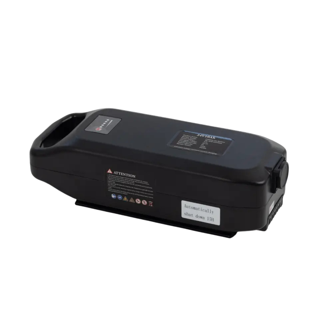A black rectangular battery pack with a handle, labels, and control buttons is displayed on a white background—an ideal companion for powering your Monarch MM60 Carbon Ultralite Electric Wheelchair.