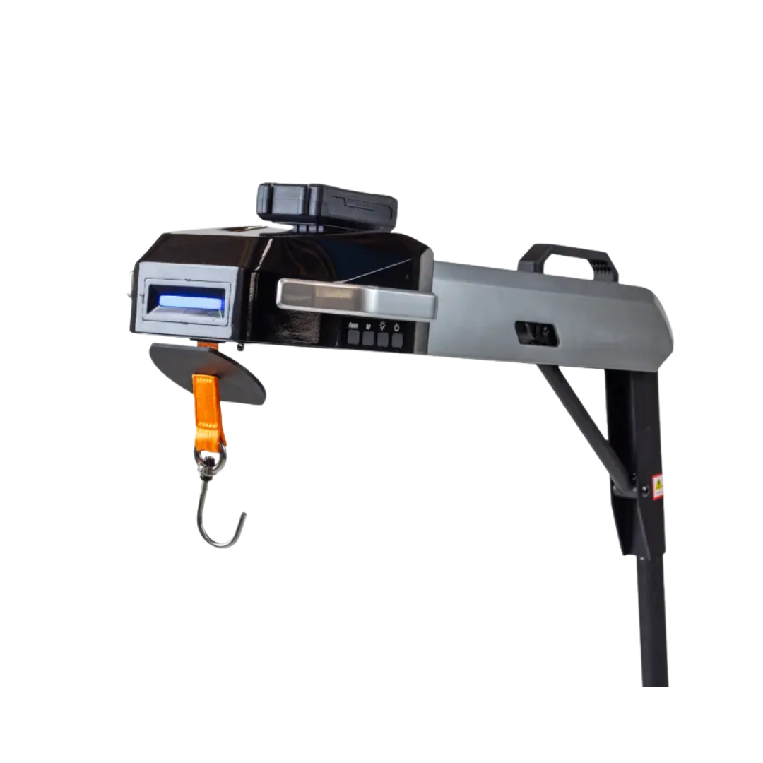 A close-up of the Monarch Atlas 4 Portable Car Lift - Mobility Aid Lifter, showing its digital display, control buttons, and orange metal hook—no product description text is visible, only CSS code appears—isolated on a white background.