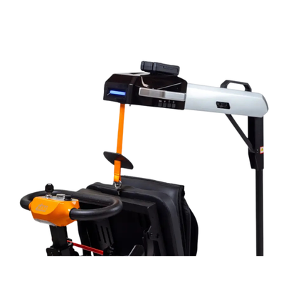 A close-up of the Monarch Atlas 4 Portable Car Lift’s black and orange seat with a white and black shoulder harness, designed for driver safety. The harness is extended and ready for attachment.