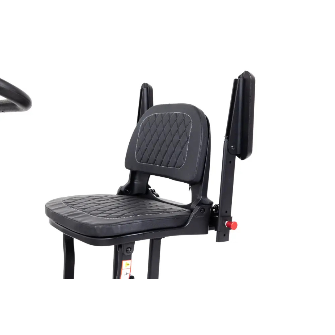 The Monarch Genie Auto Folding Portable Scooter features a black, padded ergonomic seat with a backrest, upright arm supports, diamond-stitched pattern, metal frame, and a red side adjustment knob.