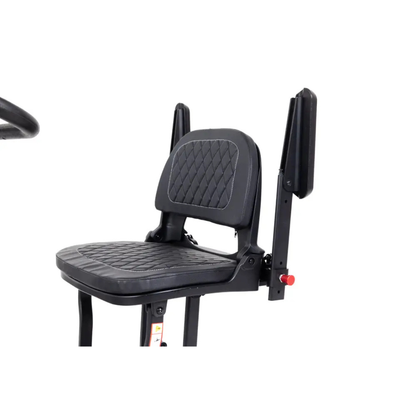 The Monarch Genie Auto Folding Portable Scooter features a black, padded ergonomic seat with a backrest, upright arm supports, diamond-stitched pattern, metal frame, and a red side adjustment knob.