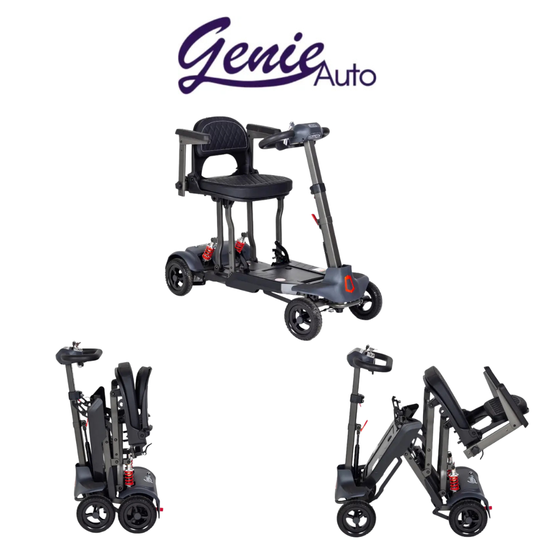 The Monarch Genie Auto Folding Portable Scooter is shown in three positions: fully assembled, partially folded, and fully folded, with the Genie Auto logo displayed above the images.