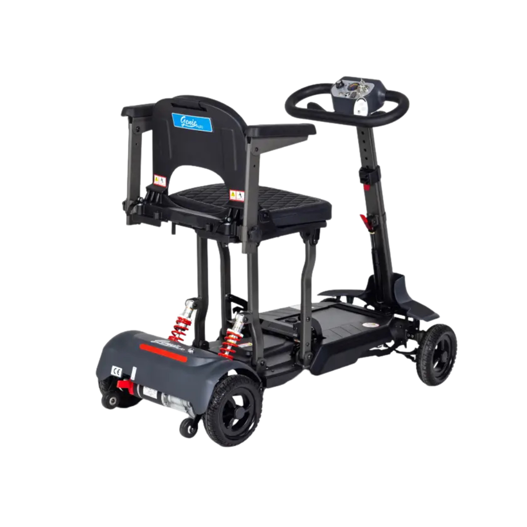 The Monarch Genie Auto Folding Portable Scooter is compact and foldable, with a black seat, backrest, and handlebars. It features four wheels, rear suspension springs, and a steering column control panel for easy and comfortable operation.