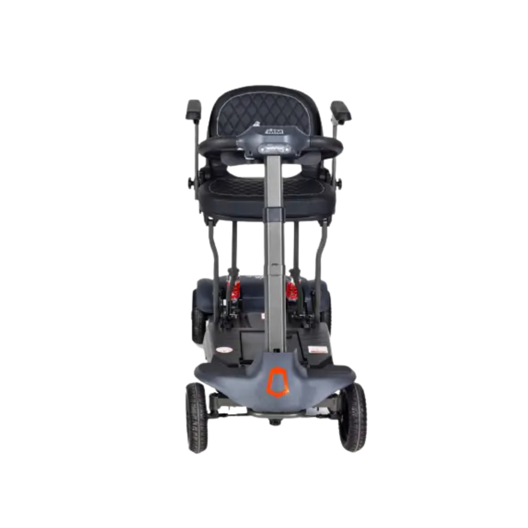 Front view of the Monarch Genie Auto Folding Portable Scooter—a compact, foldable mobility scooter with a padded seat, armrests, four wheels, and a steering column for personal transportation.