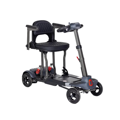 The Monarch Genie Auto Folding Portable Scooter features a compact, foldable design with four wheels, a black seat with armrests, and an easy-grip handlebar—perfect for those seeking comfort and convenience in mobility.