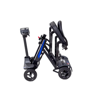 The Monarch Supa Carbon Lite Ultra-Lightweight Carbon-Fiber Scooter, shown partially folded with a black seat, black frame, and blue accents against a white background, offers easy storage and portability.