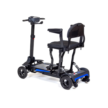 The Monarch Supa Carbon Lite Ultra-Lightweight Carbon-Fiber Scooter, featuring four wheels, a foldable design, black seat with armrests, backrest, and simple handlebar, is shown on a white background; only CSS code is in the product description.