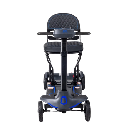 Front view of the Monarch Supa Carbon Lite, an ultra-lightweight carbon-fiber scooter in black with blue accents, padded seat and backrest, armrests, and three wheels.