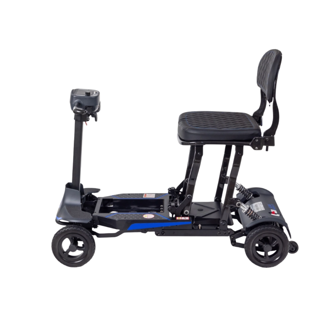 Side view of the Monarch Supa Carbon Lite Ultra-Lightweight Carbon-Fiber Scooter featuring a black cushioned seat, backrest, handlebars, and four wheels—ideal for easy transport and convenient storage.