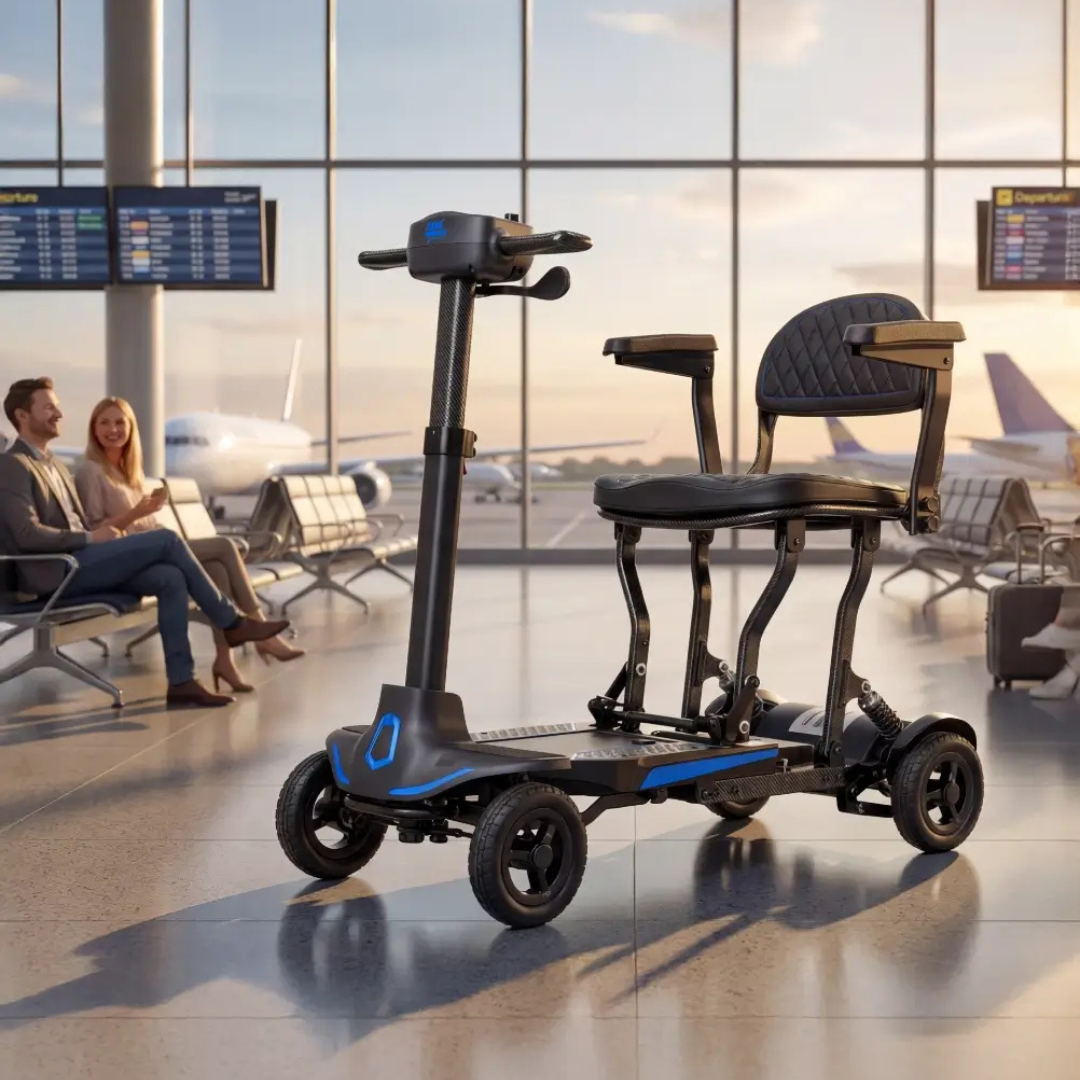 The Monarch Supa Carbon Lite Ultra-Lightweight Carbon-Fiber Scooter, featuring a foldable design, padded seat, and armrests, is parked by large airport windows, providing comfort and convenience for travelers in the busy terminal.