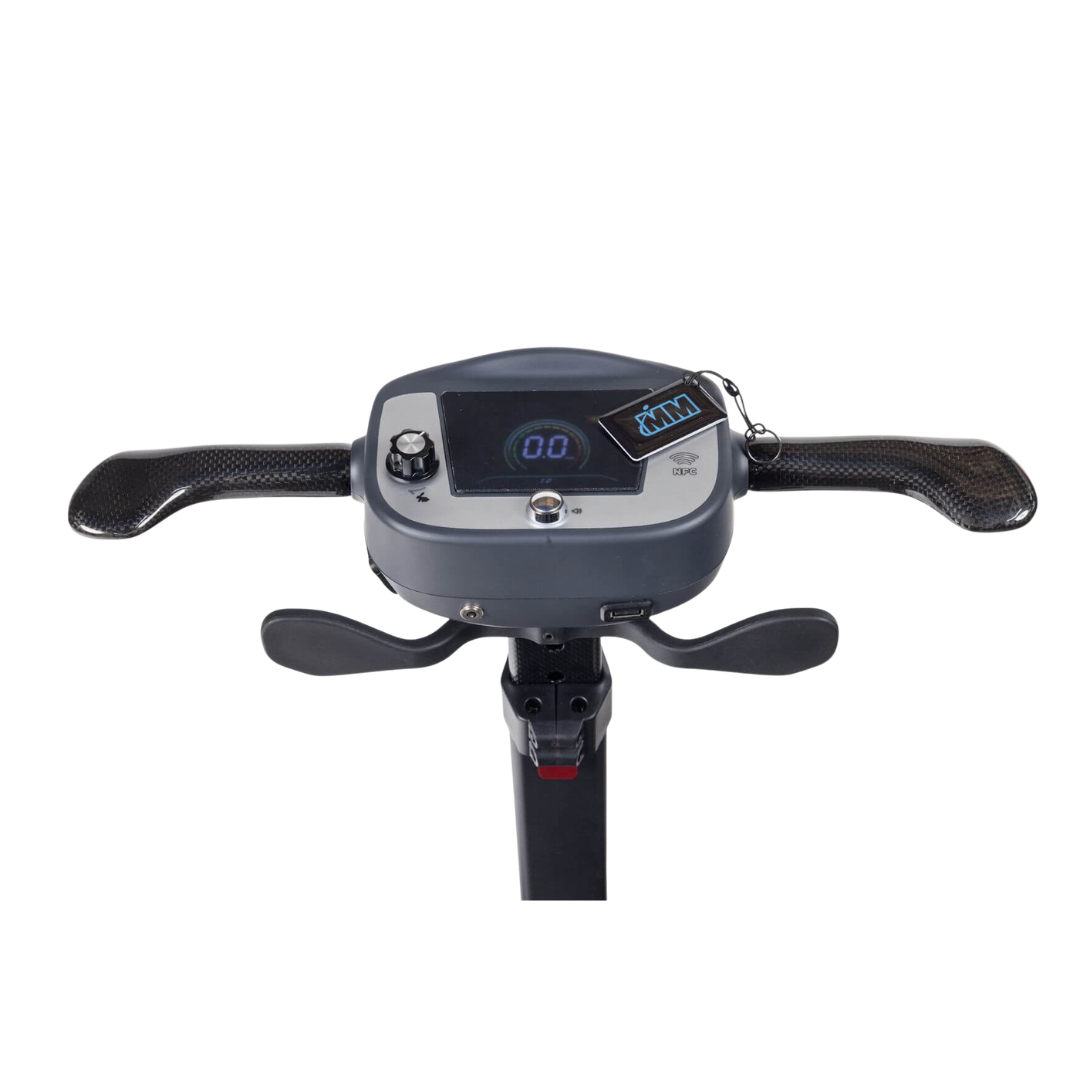 Close-up of the Monarch Supa Carbon Lite Ultra-Lightweight Carbon-Fiber Scooter’s handlebar with a digital display, control buttons, and ergonomic curved grips for comfortable riding.