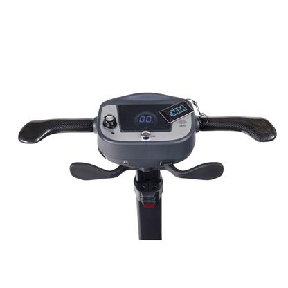 Close-up of the Monarch Supa Carbon Lite Ultra-Lightweight Carbon-Fiber Scooter’s handlebar with a digital display, control buttons, and ergonomic curved grips for comfortable riding.