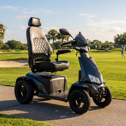 A Monarch Obsidian HD Outdoor Mobility Scooter, black with four wheels, high back seat, and armrests, is parked on a paved golf course path near green grass, bunkers, and a golfer—see specifications for warranty details.