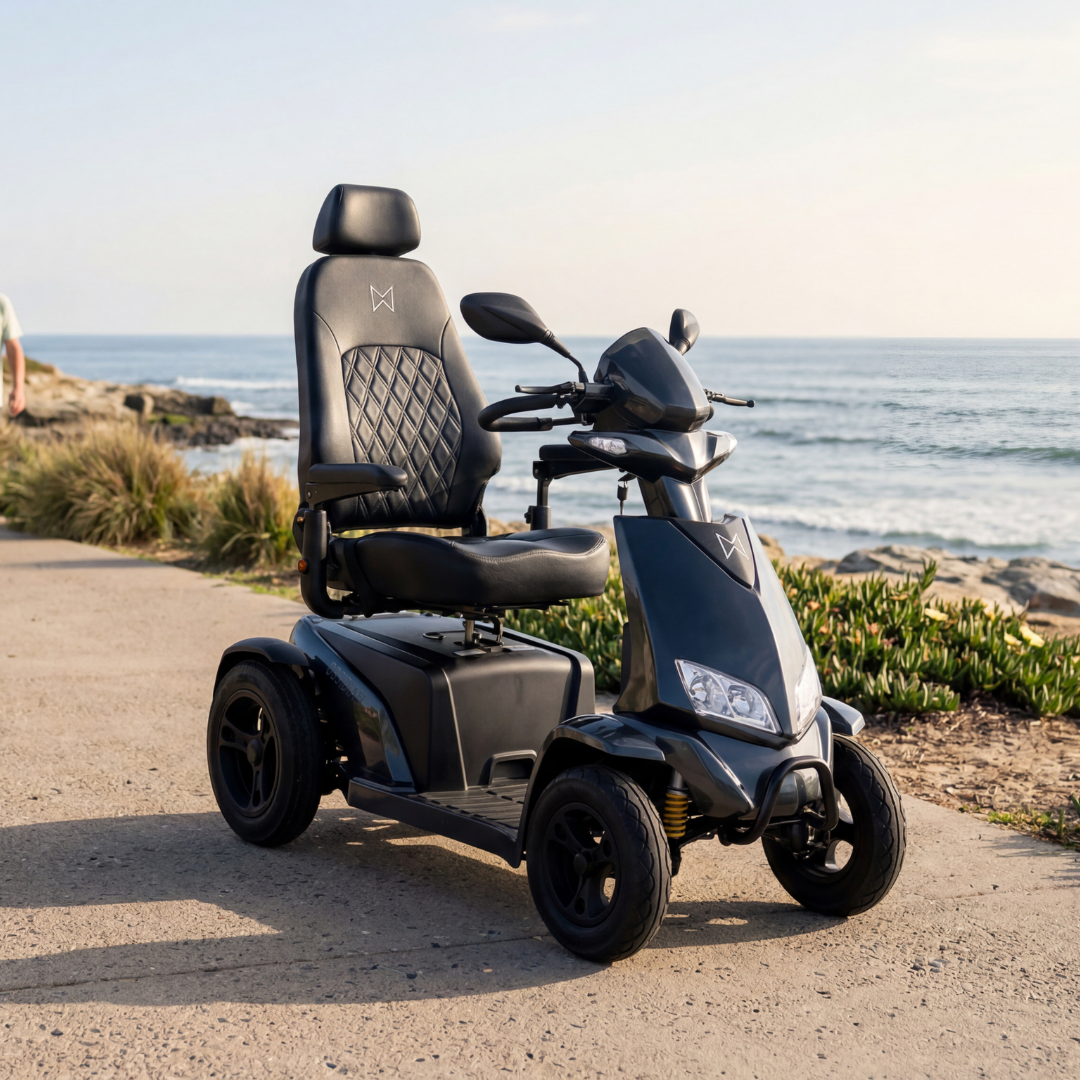 A Monarch Obsidian HD Outdoor Mobility Scooter with a high-back, cushioned seat is parked by the ocean. Watch videos and check specs to discover features and warranty details for added peace of mind.