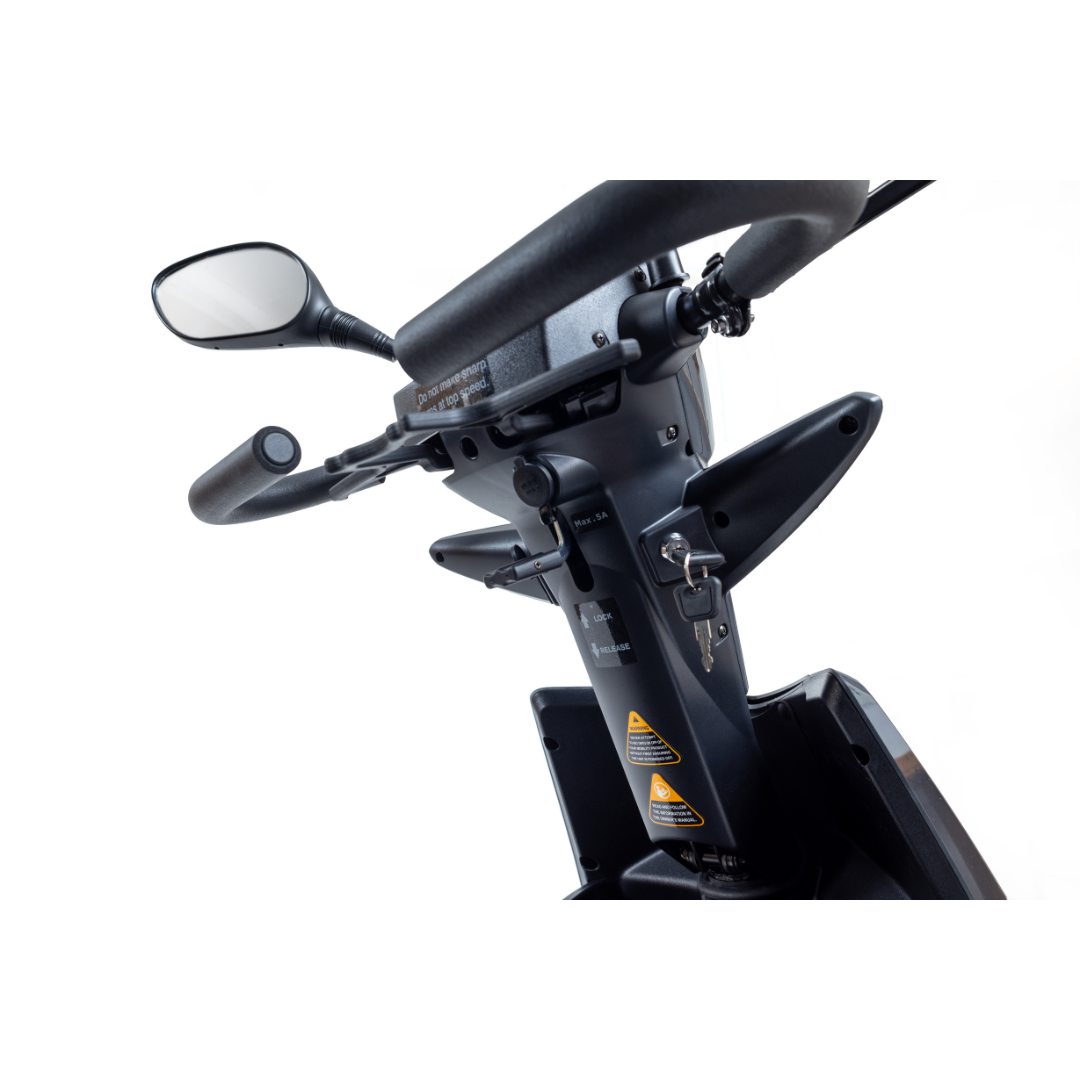 Close-up of the Monarch Obsidian HD Outdoor Mobility Scooter’s handlebars, highlighting the control panel, rear-view mirror, warning labels, and key specs—all set against a white background.