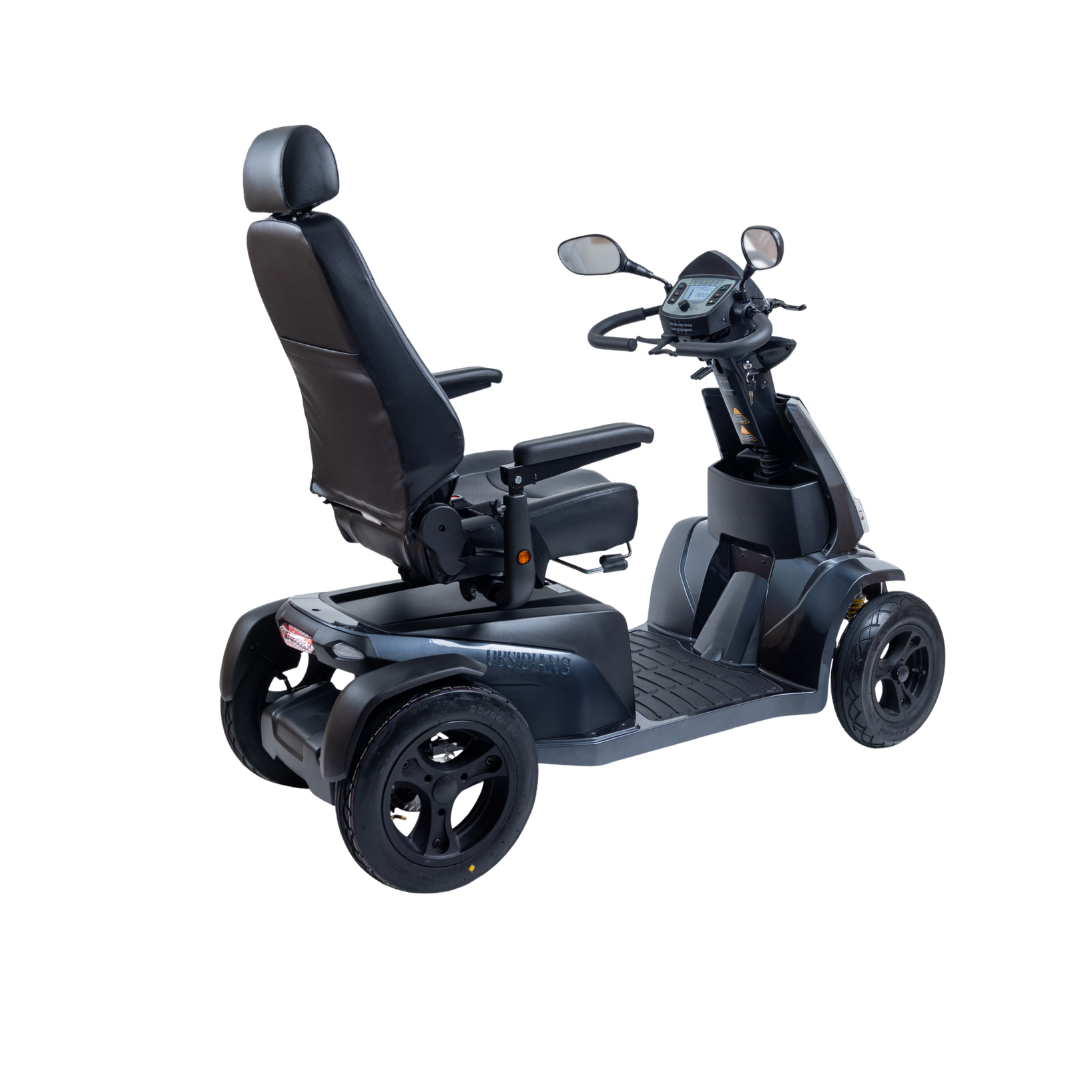 The Monarch Obsidian HD Outdoor Mobility Scooter in black is shown with four wheels, cushioned seat, armrests, backrest, and rear-view mirrors on a white background. See specifications and warranty info for details.