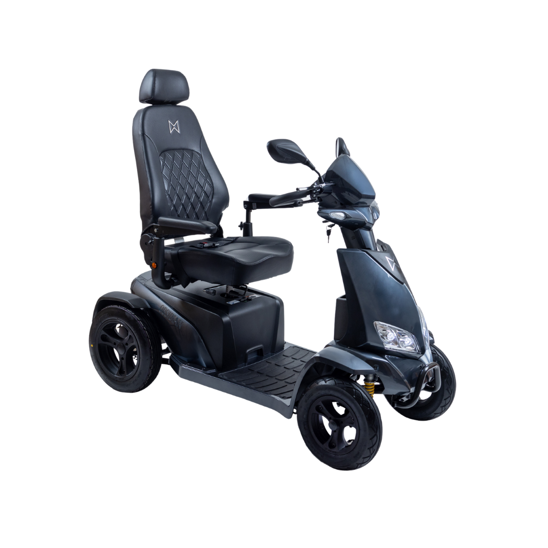 The Monarch Obsidian HD Outdoor Mobility Scooter, shown in black with four wheels, high backrest, armrests, and foot platform, features a sporty design with handlebars and mirrors. See specifications or watch videos for more details.