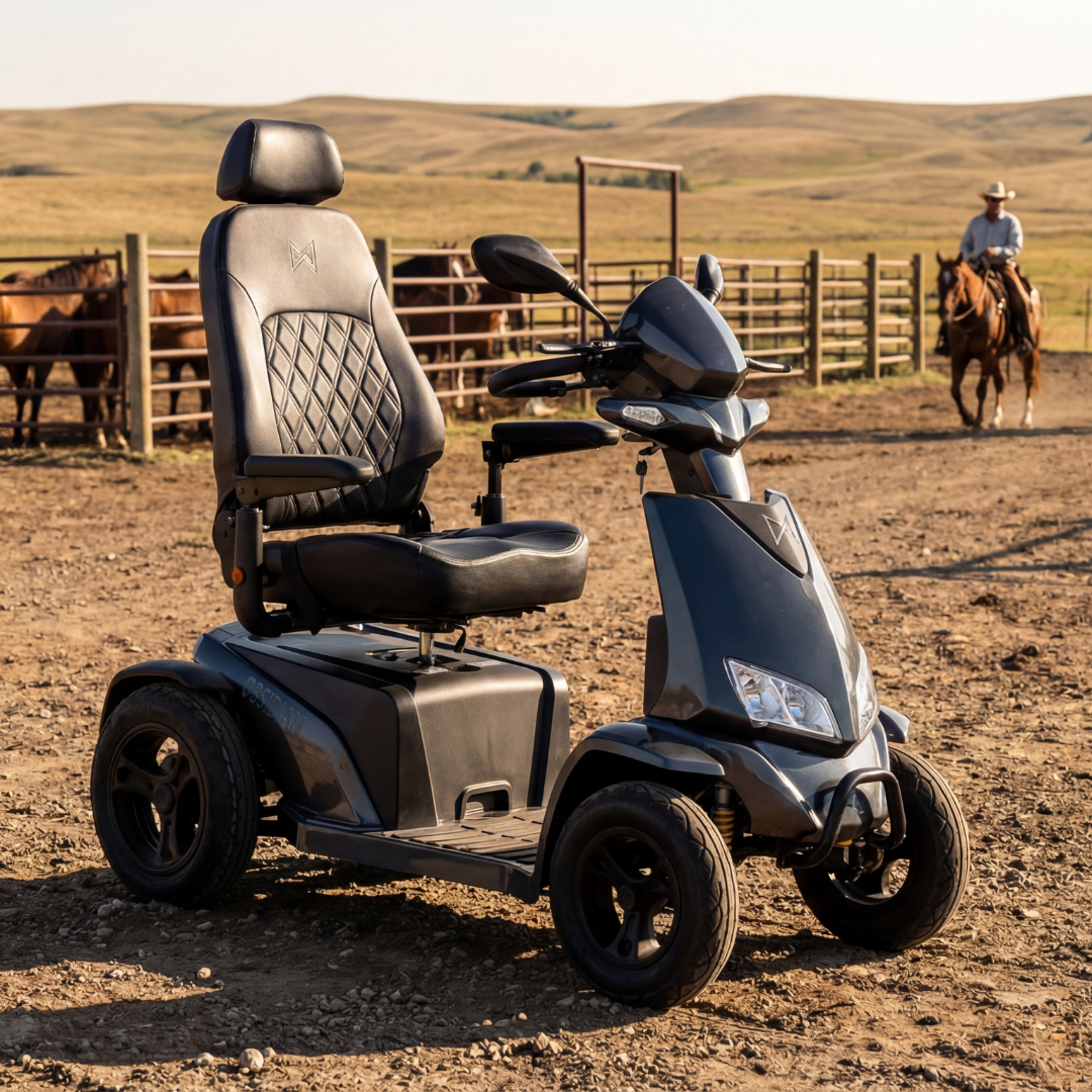 A Monarch Obsidian HD Outdoor Mobility Scooter with a high-back seat is parked on dirt by a fenced pasture, horses and a rider in the background, rolling hills beyond. Specs, warranty info, and model videos are available.