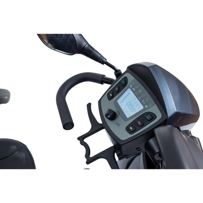 Close-up of the Monarch Obsidian HD Outdoor Mobility Scooter's handlebar featuring a digital display with buttons, a left mirror, and its black frame. See specs and details in videos with a white background.
