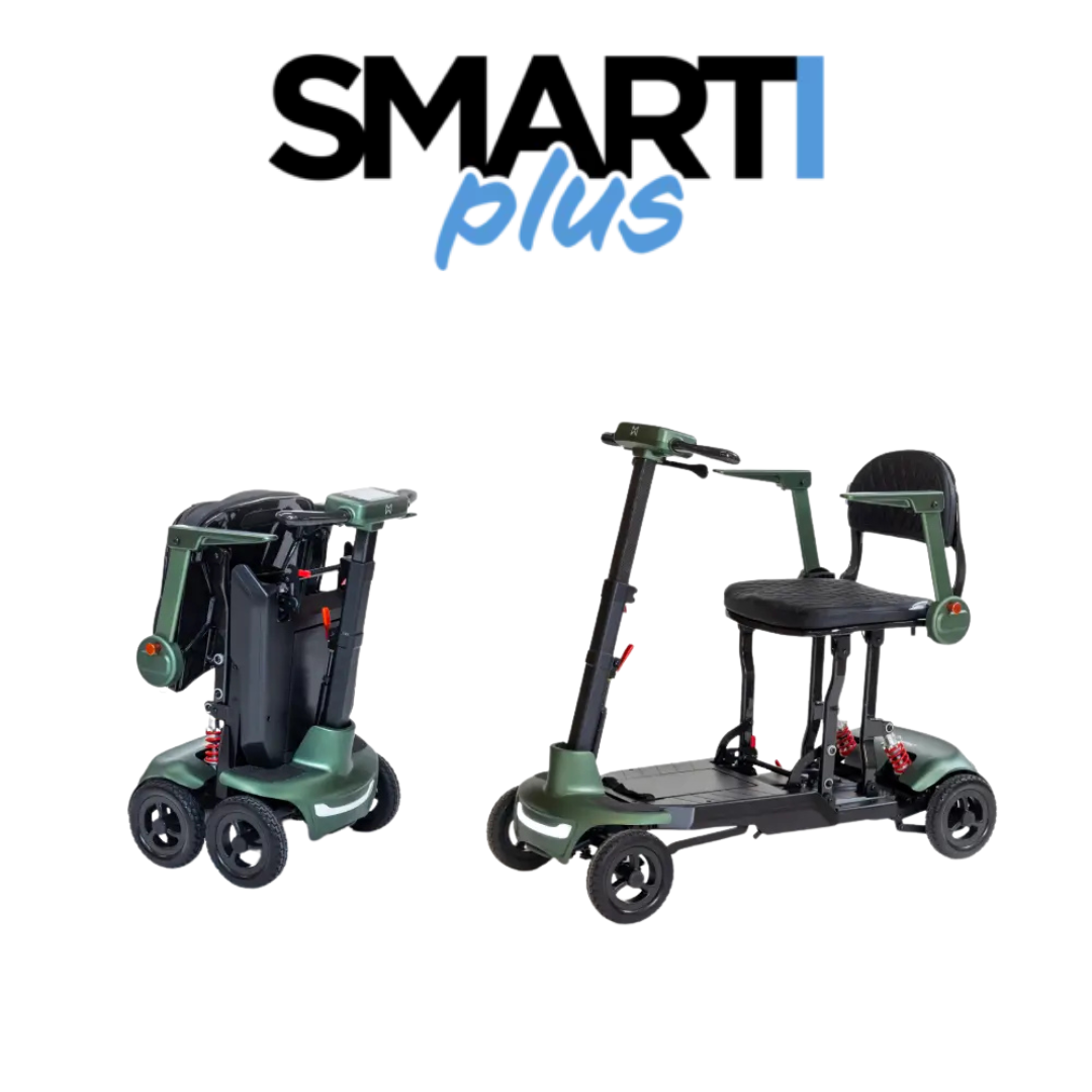 Two Monarch Smarti Plus Ultra-Lite Auto Folding Scooters—one folded, one unfolded—are shown on a white background. “SMARTI plus” is displayed above in bold black and blue letters.