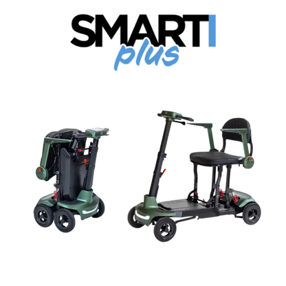 Two Monarch Smarti Plus Ultra-Lite Auto Folding Scooters—one folded, one unfolded—are shown on a white background. “SMARTI plus” is displayed above in bold black and blue letters.