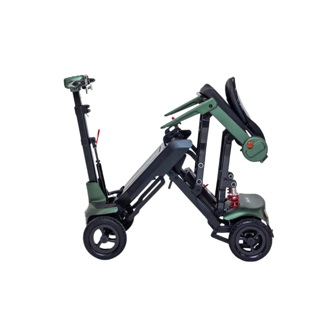 The Monarch Smarti Plus Ultra-Lite Auto Folding Scooter, a modern three-wheel green mobility scooter, is displayed partially folded on a white background, showcasing its compact, collapsible design.