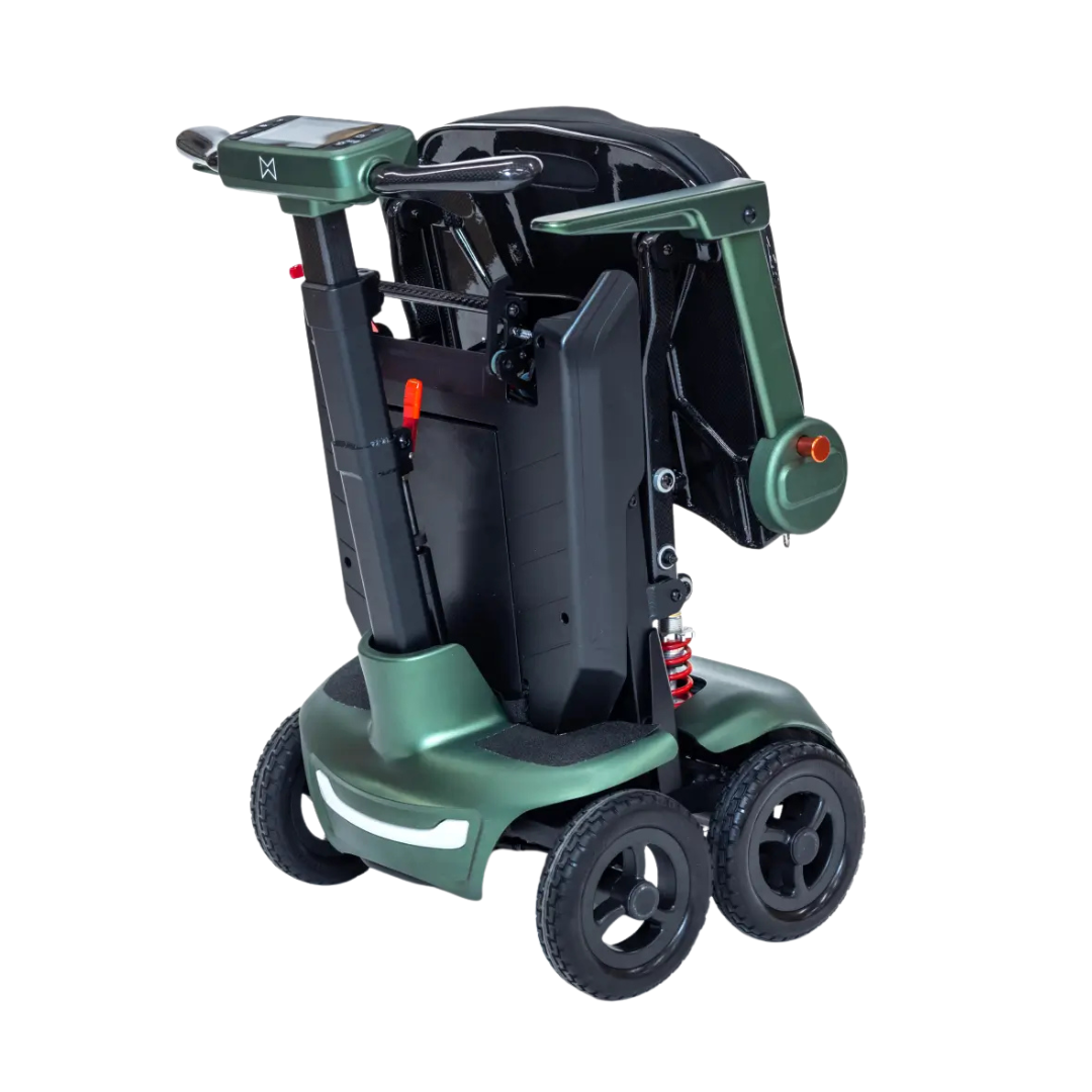 The Monarch Smarti Plus Ultra-Lite Auto Folding Scooter features a modern green and black design, four wheels, a handlebar, and a digital display. Compact when folded upright, it’s ideal for effortless travel and convenient storage.