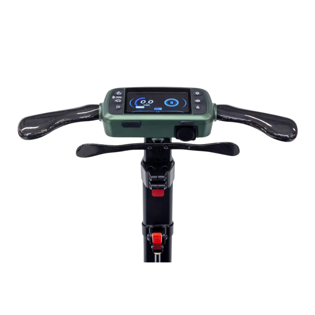 Close-up of the Monarch Smarti Plus Ultra-Lite Auto Folding Scooter handlebar featuring a digital display with speed and battery details. The sleek black handlebars are shown against a white background.