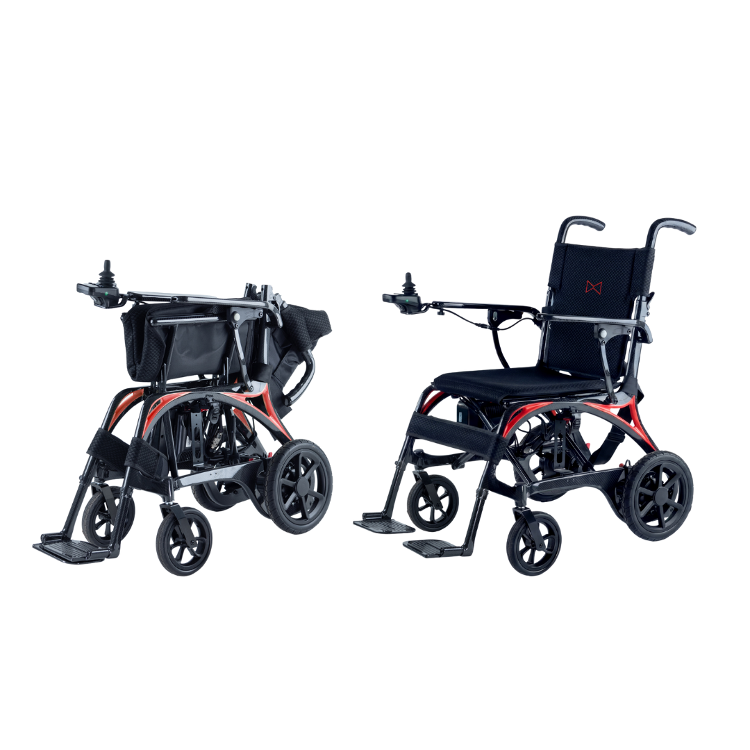 Two Monarch Ezi Fold Carbon Portable Power Wheelchairs—one black and red unit folded for portability, the other fully opened—feature armrest joystick controls for easy, powered mobility.