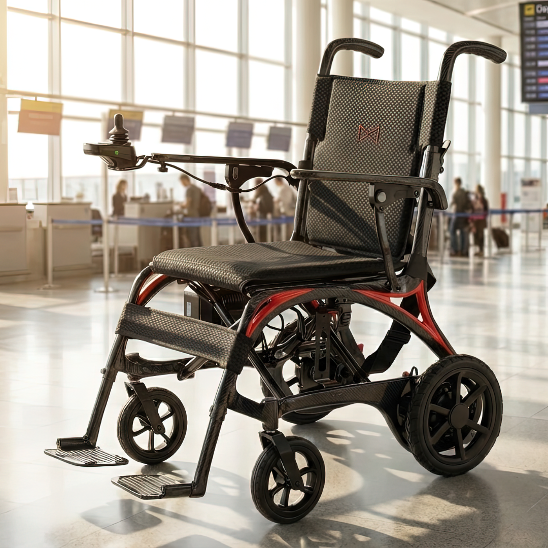 A Monarch Ezi Fold Carbon Portable Power Wheelchair with joystick control sits empty in a spacious, sunlit airport terminal near large windows and departure boards.