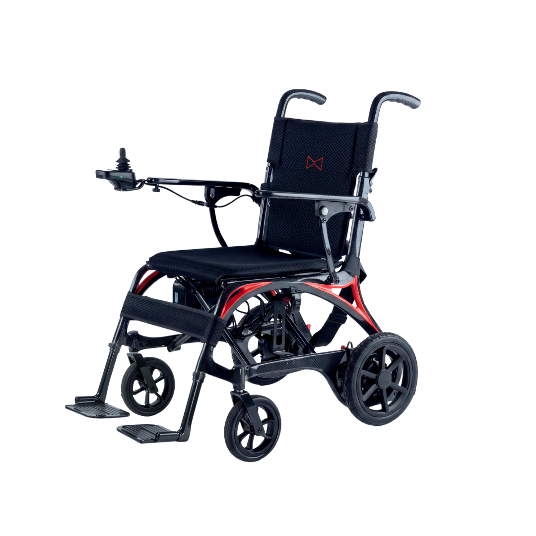 The Monarch Ezi Fold Carbon Portable Power Wheelchair is a lightweight, black-and-red chair with four wheels, durable frame, joystick armrest control, and footrests—perfect for portability and shown against a white background.