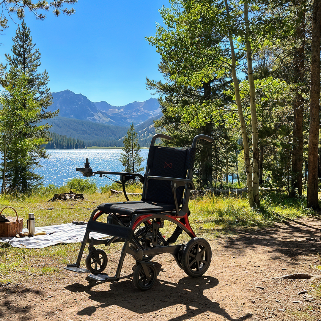 A Monarch Ezi Fold Carbon Portable Power Wheelchair sits on a dirt path beside a picnic blanket and basket, gazing at a scenic lake bordered by trees and distant mountains under sunny skies.