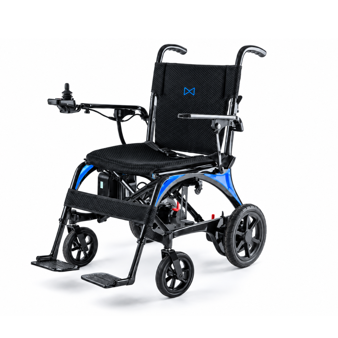 The Monarch Ezi Fold Carbon Portable Power Wheelchair features a lightweight black frame with blue accents, cushioned seat and backrest, joystick armrest control, and four wheels for easy mobility.