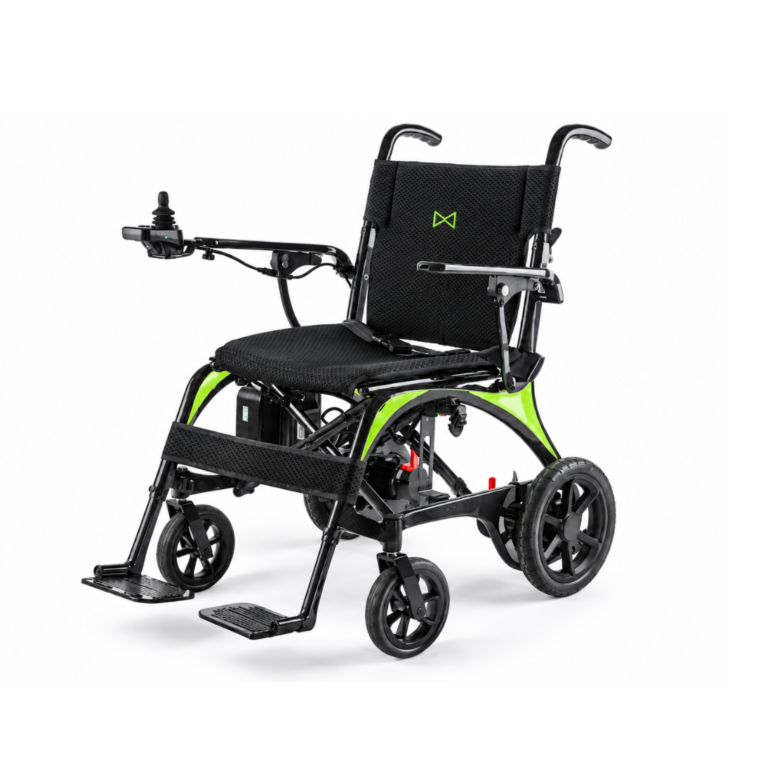 Lightweight Monarch Ezi Fold Carbon Portable Power Wheelchair with black seat, right-arm joystick, green frame accents, and four wheels shown on a white background.